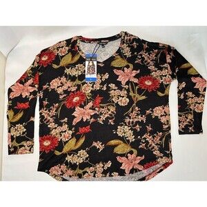 Well Worn Womens Soft V Neck Black Floral‎ Long Sleeve Top Pullover Size Large